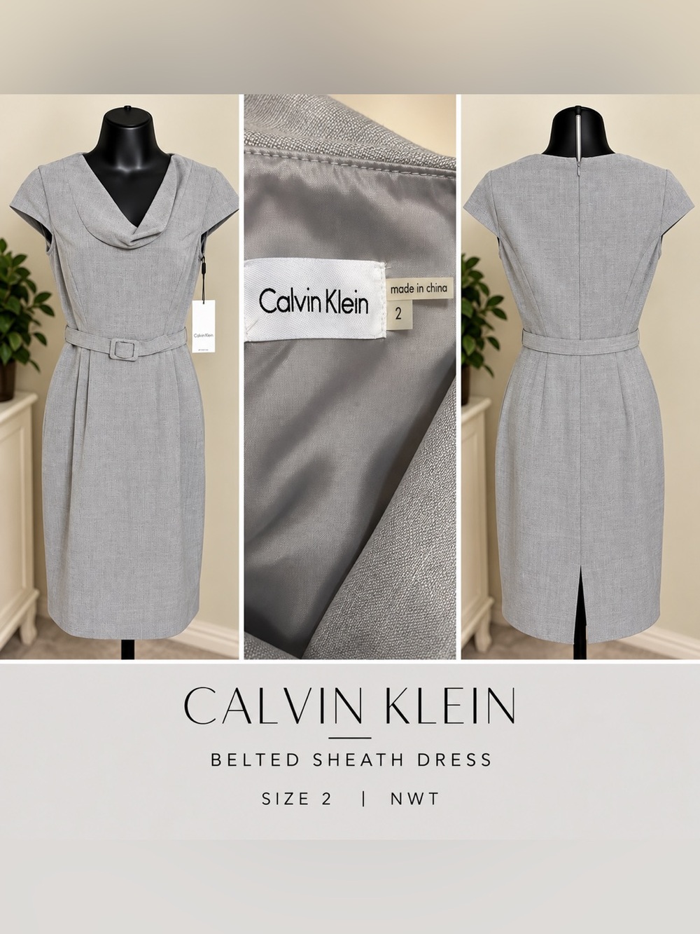 Calvin Klein Light Gray Belted Sheath Dress